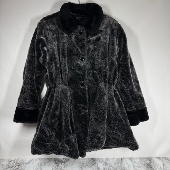 Vintage Faux Fur Coat XL Black Gray Made in USA Altered Cinched Waist Mob Wife - Picture 1 of 8